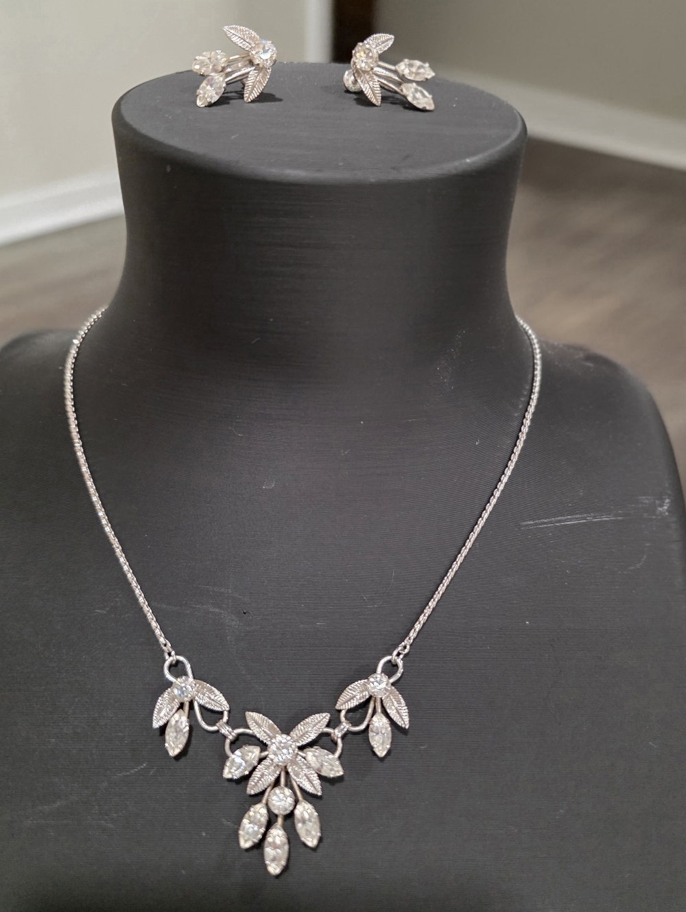 Vintage, Van Dell-Signed, Silver-Leaf Crystal Necklace and Earring Set
